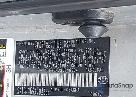 2009 Toyota Camry Xle из США, поврежденный, VIN 4T1BE46K39U818804